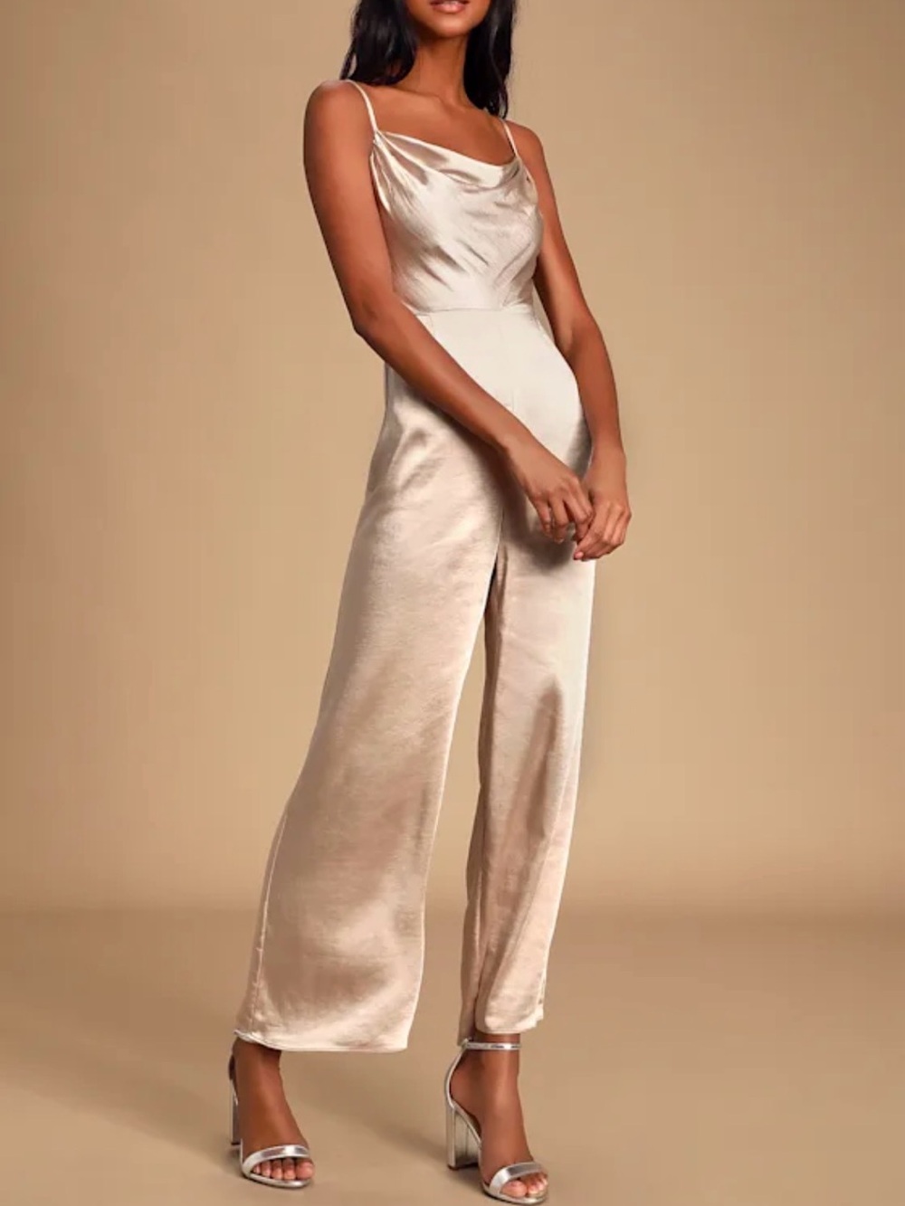 Lush Champagne Satin Wide-Leg Jumpsuit with Spaghetti Straps